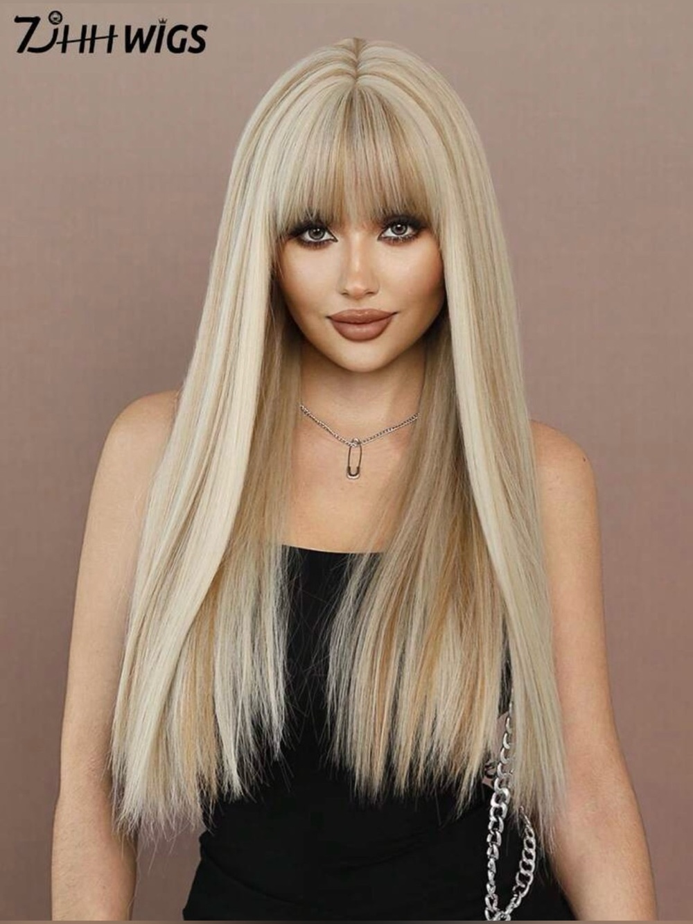 Long Blonde Highlights Wig with Bangs